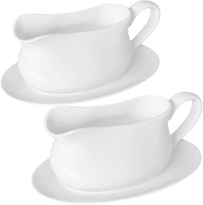 Large 17 Oz Gravy Boat and Tray White Fine Porcelain Saucier With Big Dripless Lip Spout For Gravy, Warming Sauces, Salad Dressings, Milk | Microwave & Freeze