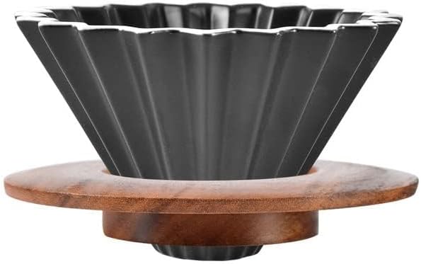 Ceramic Coffee Dripper Pour Over Coffee Maker with Wood Stand Elegant Flower Shape Filter