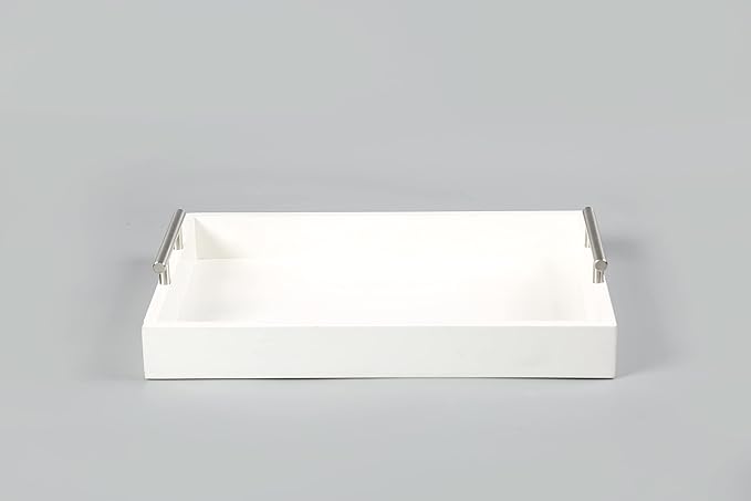 Serving Tray 16.5“X 13“ Deluxe Wooden Ottoman Tray,Coffee Table with Polished Silver Metal Handles-4 Round Coasters Included, White