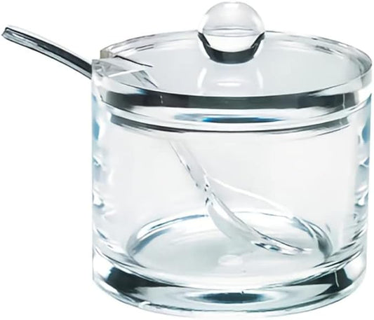 J&M DESIGN Clear Acrylic Sugar Bowl With Lid And Spoon For Coffee Bar Accessories, Cereal Bowls, Tea, Kitchen Countertop Canisters & Baking - 8 oz Container Jar Dispenser Holder - Dishwasher Safe
