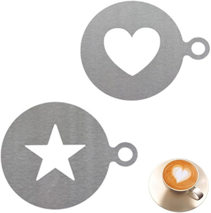 Stainless Steel Coffee Stencils，YUANGUNGUN Cappuccino Coffee Stencils Heart Star Shape Strew Pad for Latte Cappuccino Cupcake Cookies Hot Chocolate(2 Pcs)
