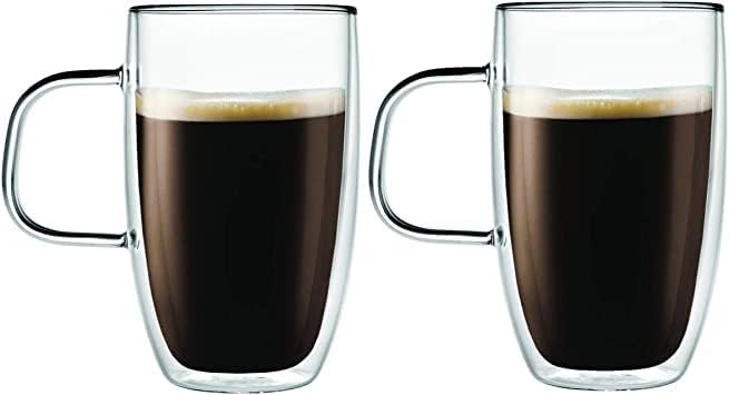 Godinger Handled Mug Double Wall Glass Coffee Cups Insulated for Drinking Espresso Latte Mocha Tea – 15 oz – Set of Two