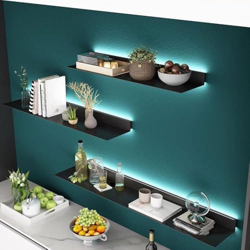LED Floating Wall Shelves - Metal Display Storage, Wall-Mounted Steel Plate Shelves for Home, Office, Commercial Spaces, Bars - 100x20x6CM