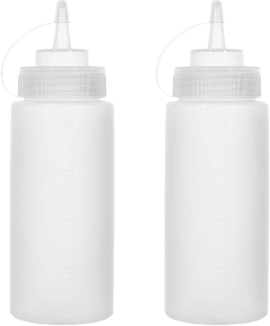 Katfort Squeeze Bottles for Sauces 2 Pack, 16 Ounce Plastic Dressing Squirt Bottles with Cap Lids, Condiment Bottle for Liquids BBQ Dressing Pancake Art Dispenser