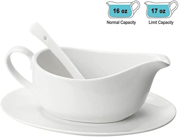 Qlans Gravy Boat With Ladle and Saucer 17 Oz,Ceramic Sauce Boat with Tray for Salad Dressings Milk,Warming Sauces,Creamer,Broth,Black Pepper,White (1 PCS New Gravy Boat With Ladle and Saucer)