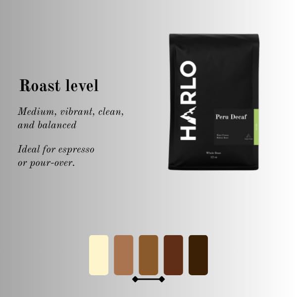 Harlo Coffee Roasters Organic Peru Decaf Single Origin Coffee, Royal Select Water Process, Medium Roast, Whole Bean, 12 oz