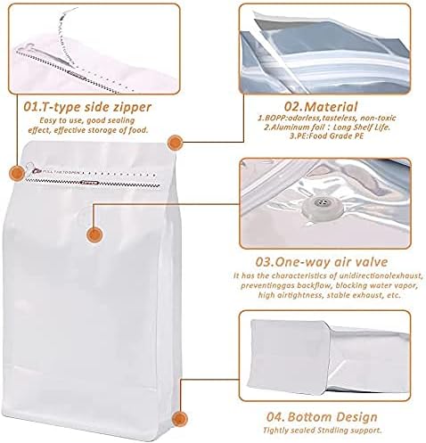 REMTAP Coffee Bags with Valve(100pcs,12 oz) white High Barrier Aluminumed Foil Flat Bottom Standing Coffee Beans Storage Bags,Reusable Heat Sealable Side Zipper Pouches for Home or Store