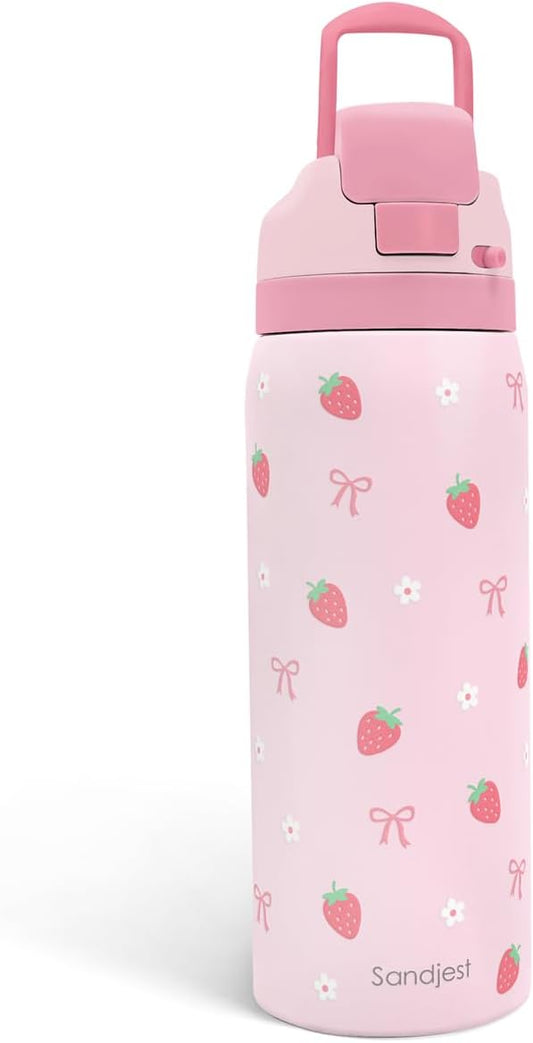 Strawberry Bow Insulated Stainless Steel Water Bottle with Straw for Sports and Travel, 32oz, Gifts for Women Girls Friends Teens Birthday Christmas