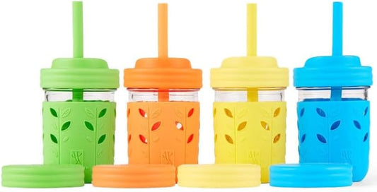 Elk and Friends Kids + Toddler Glass Cups | The Original 8oz Glass Mason Jar with Sleeves + Lids | Silicone Straws + Stopper | Smoothie Cup | Food Storage | Spill Resistant | Dishwasher Safe | 4 Pack