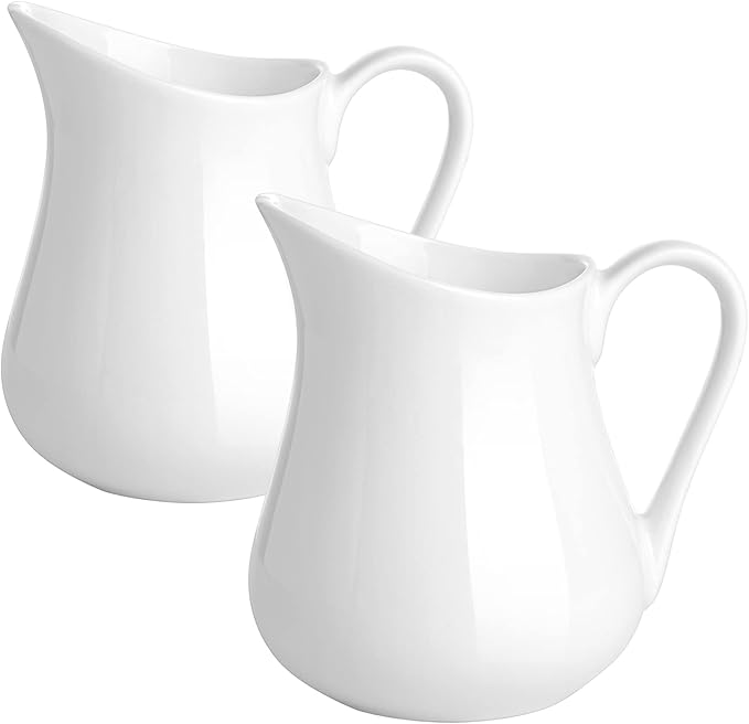 Gurygo 2 Pack 8 oz Ceramic Creamer Pitcher Set with Handle, Small Classic White Milk Container, Fine Porcelain Creamer Pitcher for Coffee Milk Sauces Salad, Microwave & Freezer Safe