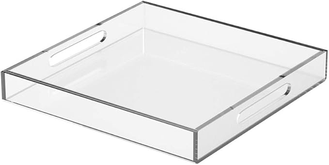 NIUBEE Clear Serving Tray 15x15 Inches - Spill-Proof Acrylic Organizer with Handles for Coffee Table, Ottoman & Countertop | Decorative Tray for Breakfast in Bed, Drink Serving & Home Organization