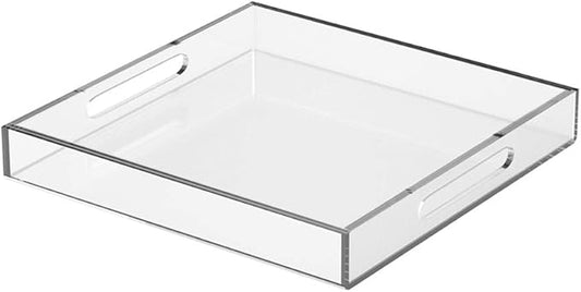 NIUBEE Clear Serving Tray 15x15 Inches - Spill-Proof Acrylic Organizer with Handles for Coffee Table, Ottoman & Countertop | Decorative Tray for Breakfast in Bed, Drink Serving & Home Organization