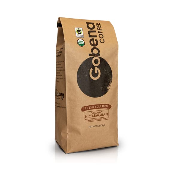 Gobena Coffee 2lb Fair Trade Organic Certified Nicaraguan Whole Bean Dark Roast, 100% Arabica Specialty Coffee, 32 ounces, 2 pounds, Bulk