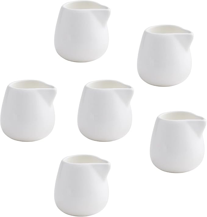 OMAYKEY 3 OZ 6-pcs Mini Porcelain Creamer, Small Ceramic Cream Pitcher Sauce Pitcher Sets Serving for Coffee Tea Milk - White