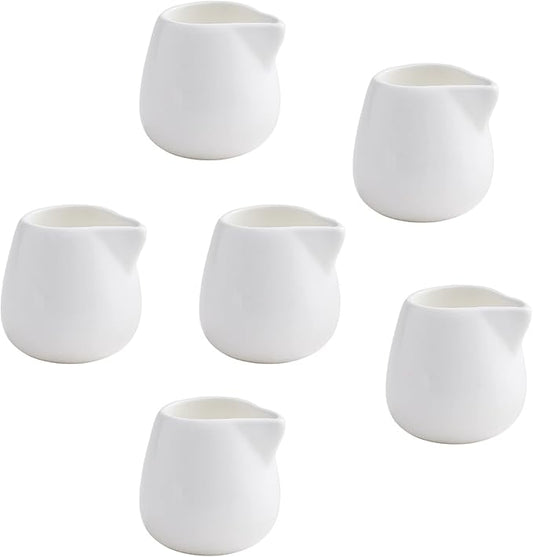 OMAYKEY 3 OZ 6-pcs Mini Porcelain Creamer, Small Ceramic Cream Pitcher Sauce Pitcher Sets Serving for Coffee Tea Milk - White