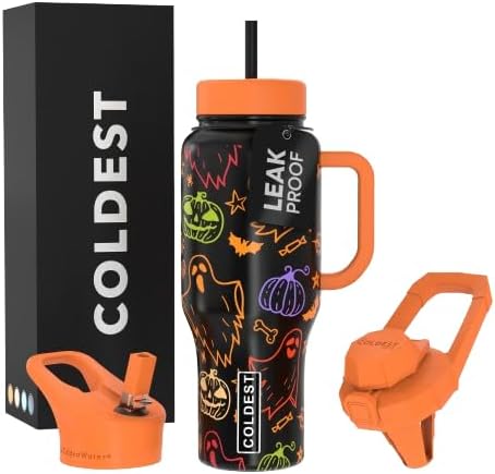 Coldest Tumbler with Handle and Straw, 100% Leak Proof Insulated Tumbler with Lid and Straw (3 Lids), Stainless Steel Tumblers for Women & Men, Cup Holder Friendly Base, 36 oz (Eerie-sistible)