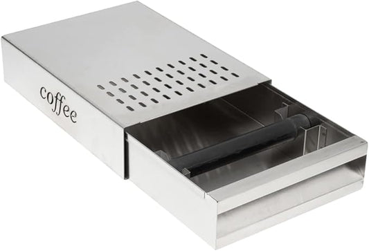 Restaurantware Restpresso 13.5 x 9.75 x 3.75 Inch Espresso Knock Box 1 Vented Coffee Knock Box - Detachable Drawer Silicone Knock Bar Silver Stainless Steel Coffee Grounds Knock Box Durable