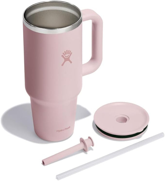 Hydro Flask Travel Tumbler with Handle, Lid and Straw - Insulated Stainless Steel in 40 Oz Tonal Trillium Pink