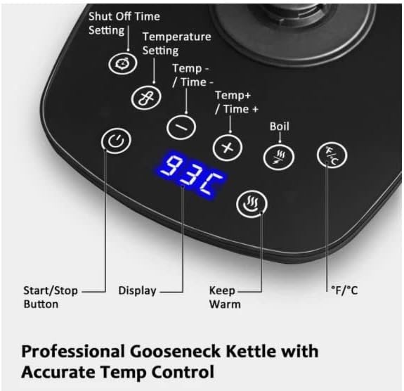 Electric Stainless Steel Gooseneck Kettle Temperature Control Variable For Coffee Tea Pour Over 1000 Watt Quick Heating,0.8QT,BPA free, dry-boil Protection, Touch Screen control 110VAC1000W US PLUG