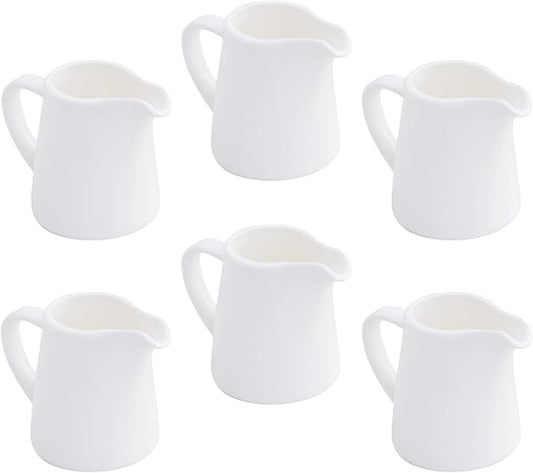 OMAYKEY 4.5 OZ 6-pcs Porcelain Creamer with Handle, Small Ceramic Cream Pitcher Sauce Pitcher Serving for Coffee Tea Milk - White