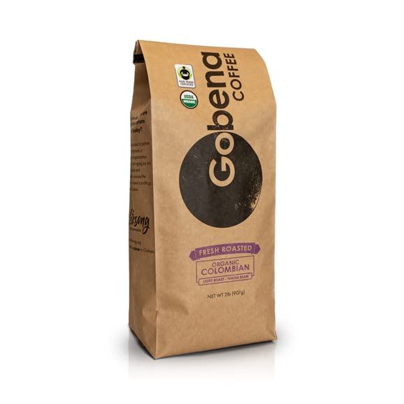 Gobena Coffee 2lb Fair Trade Organic Certified Colombian Whole Bean Light Roast, 100% Arabica Specialty Coffee, 32 ounces, 2 pounds, Bulk