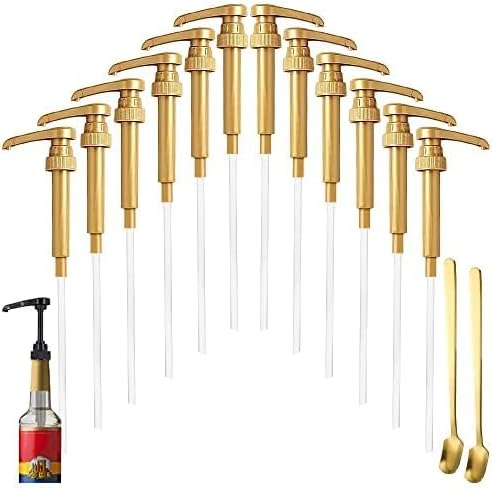 12 Pcs Syrup Pumps Dispenser, Compatible with 25.4 Oz/750ml Bottles, Great for Home & Coffee Bar Drinking Mixes, Tea, Beverage, Cocktails, Plus Spoons(Gold 5.23")