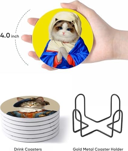 Puraikcmi Cat Lover Coasters Set of 8 with Holder, Ceramic, Multicolor, Funny Cat Designs, Drink Coasters for Table, Office, Desk, Bar, Gift