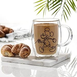 JoyJolt Aroma Disney Mickey and Pluto 13.5oz Glass Coffee Cups Set - 2 Insulated Double Wall Mugs, Large Espresso Cups - Unique Disney Cups