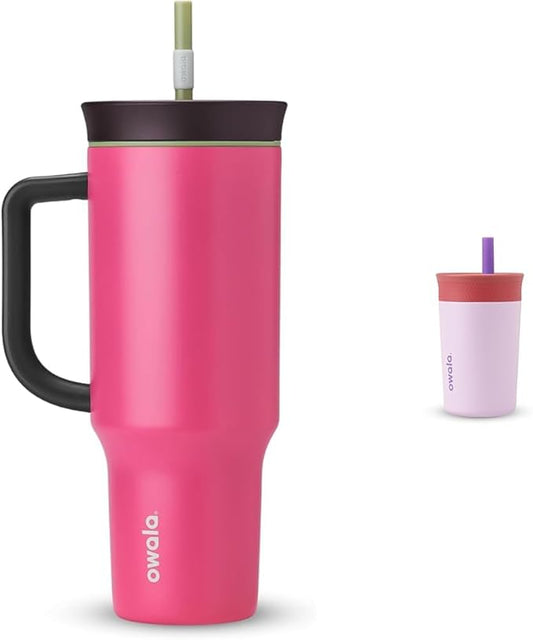 Owala Stainless Steel Triple Layer Insulated Travel Tumbler with Spill Resistant Lid, Pink & Kids Insulation Stainless Steel Tumbler with Spill Resistant Flexible Straw, Easy to Clean