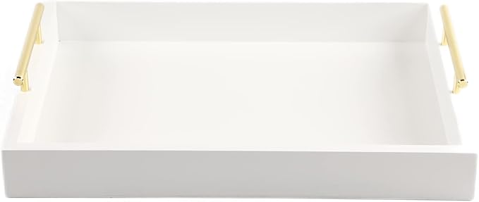 JJSQYLAN Wooden Serving Tray with Handles Rectangle Breakfast Tray for Coffee Table Decorative Ottoman Tray 16”x 12” for All Occasion's (White)