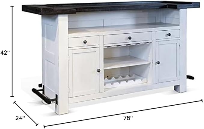 Pemberly Row 78" Farmhouse Wood Bar Unit with Foot Rail, Adjustable Shelves, Removable Wine Rack, Stemware Storage, in Espresso Finish