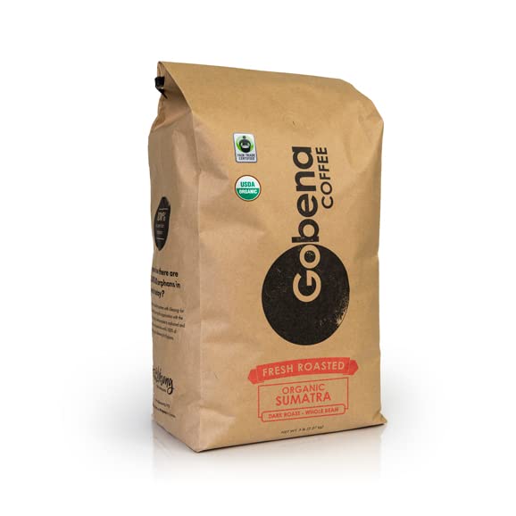 Gobena Coffee 5lb Fair Trade Organic Certified Sumatra Whole Bean, Dark Roast, 100% Arabica Specialty Coffee, 80 ounces, 5 pounds, Bulk