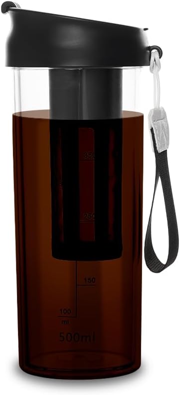 watchget Cold Brew Coffee Maker Travel Tumbler with Soft Silicone Handle Portable Iced Coffee & Tea Infuser with Airtight Lid Cold Brew Travel Cup 17oz/500ml black