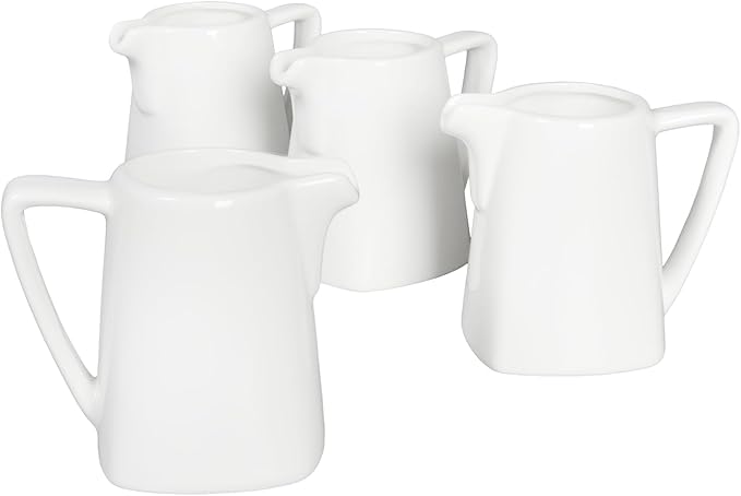 Classic White Small Creamer Pitcher with Handle 5.8 oz/170 ml, 4 Pack Fine Porcelain Square Small Milk Pitcher, Mini Gravy Boat, for Coffee Milk Sauces Salad, Microwave, Freezer Safe