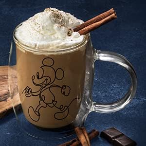 JoyJolt Aroma Disney Mickey and Pluto 13.5oz Glass Coffee Cups Set - 2 Insulated Double Wall Mugs, Large Espresso Cups - Unique Disney Cups