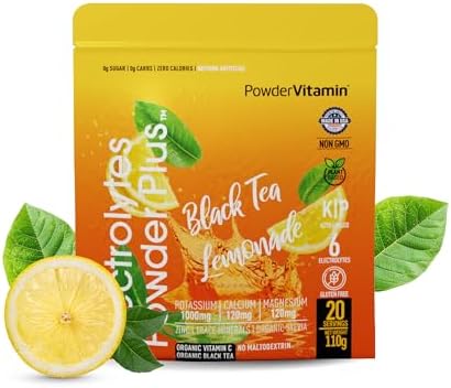 PowderVitamin Electrolytes Powder Plus (20 Servings) Black Tea Lemonade Electrolyte Powder Keto, Sugar Free, Pink Himalayan Salt,1000mg Potassium,120mg Calcium,120mg Magnesium, Hydration Powder