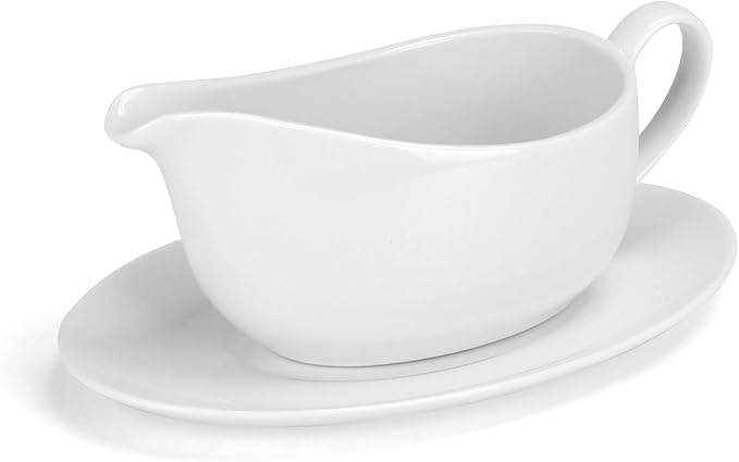 ShineMe Gravy Boat with Saucer, 14oz Porcelain Creamer Pitcher with Handle, White Serving Dishes for Holding Milk, Gravy, Sauce, Coffee Creamer, Salad Dressing...