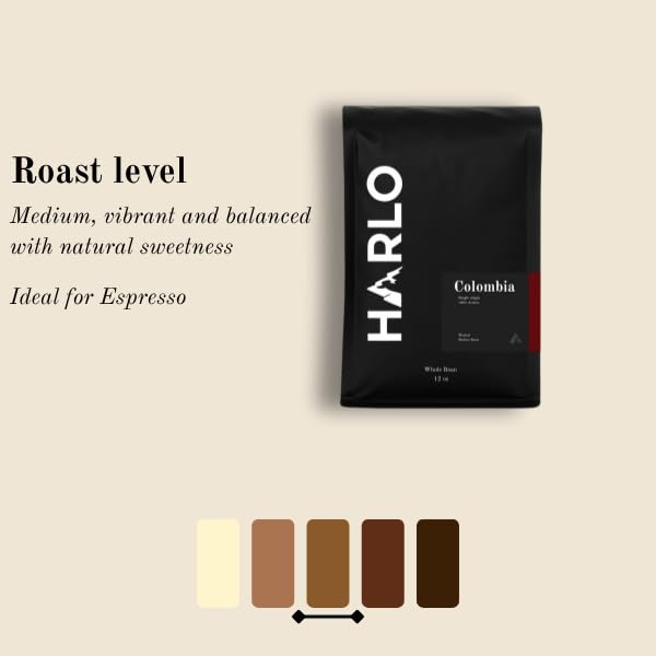Harlo Coffee Roasters Colombian Single Origin Organic Medium Roast Whole Bean Coffee, 12 oz Bag, Peach Cherry and Blackberry Notes, 100% Arabica