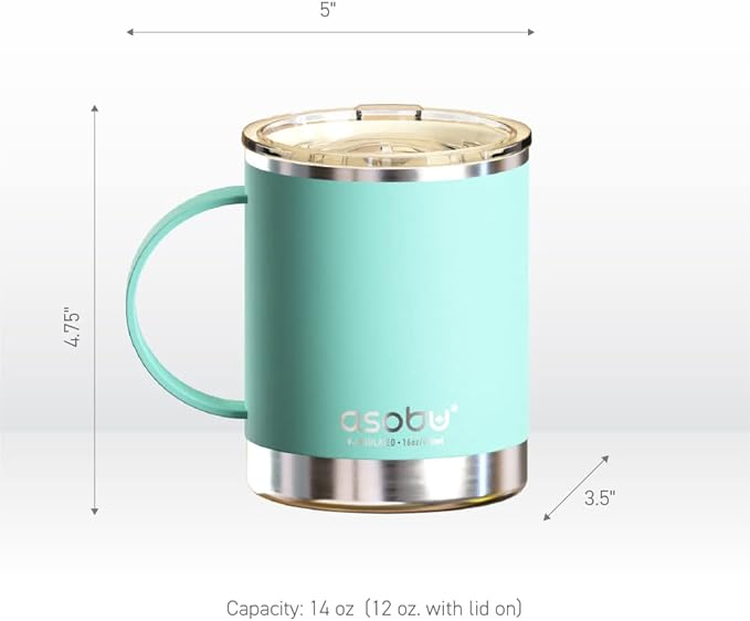 asobu Ultimate Stainless Steel Ceramic Inner Coating Coffee Mug with Double Walled Copper Lining Insulation,12 Ounces - Valentin's Day Gift (Mint Green)