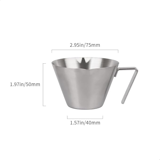 watchget Stainless Steel Espresso Cups, Double Spout & Dual Scale Measuring Cup with Handle, 3.4OZ/100ml Capacity Espresso Accessories for Coffee Brewing (Silver)