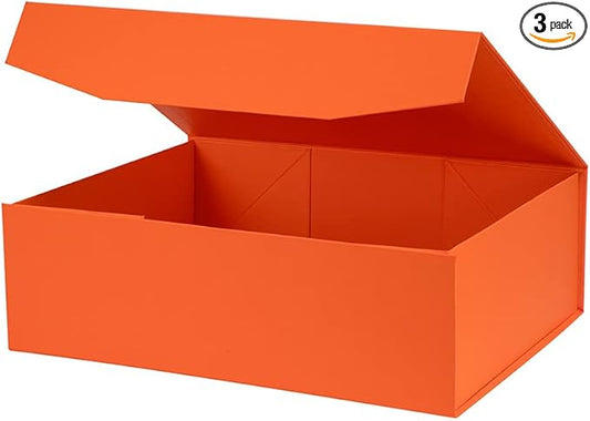 Upgrade 3Pcs Orange Extra Large Gift Boxes with Lid, 16.5 x13 x5 Inches, Hard Magnetic Gift Boxes for Presents, Wedding Dress Box Storage, Reusable Foldable Bridesmaid Box