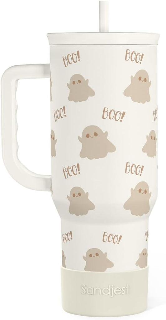 Boo Tumbler with Handle and Straw 40oz – Stainless Sleel Slider Tumbler Travel Coffee Mug for Women - Gift Idea for Fall Autumn Halloween Christmas