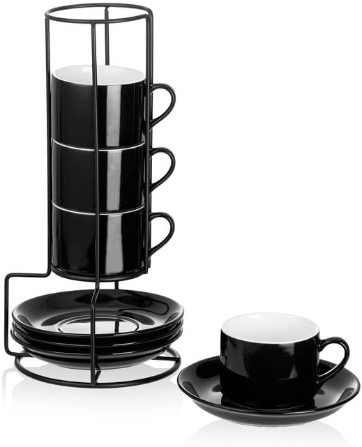 Meichu 4oz Porcelain Stackable Espresso Cups with Saucers and Metal Stand Set of 4, Stackable Espresso Cups Set of 4, Black Expresso Shots Cup Set for Coffee Drinks, Cappuccino Latte, Americano, Tea