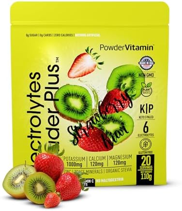 PowderVitamin Electrolytes Powder Plus (20 Servings) Strawberry Kiwi Electrolyte Powder Zero Calorie Keto,0 Sugar,No Maltodextrin,1000mg Potassium,120mg Calcium,120mg Magnesium, Pink Himalayan Salt