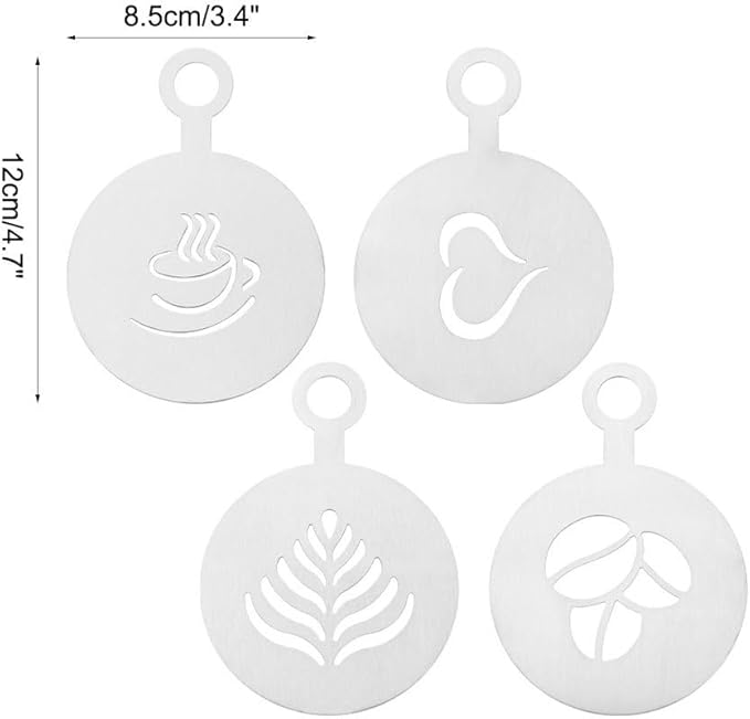 DONGKER Latte Art Stencils,4 PCS Stainless Steel Coffee Stencils with Various Patterns for Kitchen Store Arts Templates