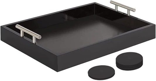Serving Tray 16.5“X 13“Deluxe Wooden Ottoman Tray for Coffee Table with Polished Silver Metal Handles and 4 Coasters, Living Room Bathroom Coffee Bar Organizer Modern Decorative Black