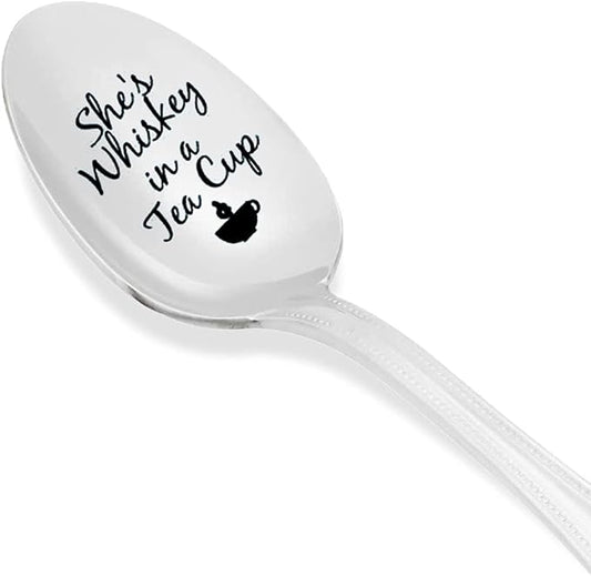 She's Whiskey in a Tea Cup Stainless Steel Engraved Spoon – Teaspoon for Dessert, Coffee, Ice Tea and Serving Spoon – Wedding, Anniversary and Bridal Shower Gift for her – 7 Inch