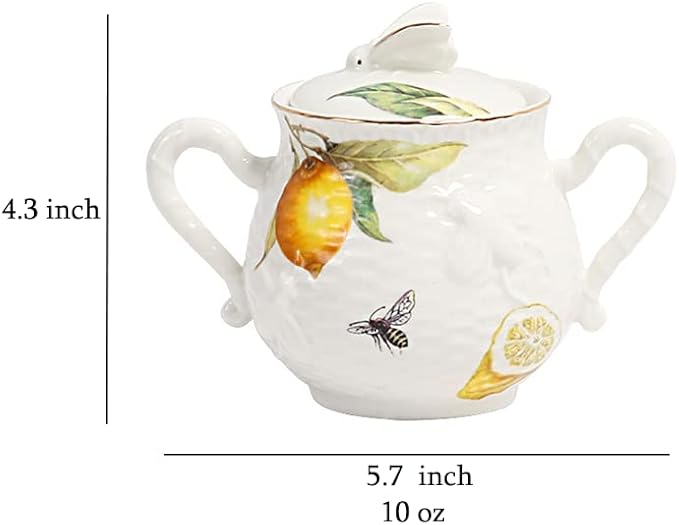 Sizikato Porcelain Sugar Bowl with Lid, 10oz Sugar Service Bowl for Tea Coffee Milk. Lemon and Bee Pattern
