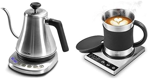 COSORI Electric Gooseneck Kettle with 5 Variable Presets,100% Stainless Steel Inner Lid & Bottom,Silver & Coffee Mug Warmer & Mug Set,Beverage Cup Warmer for Desk Home Office Use,Coffee gifts