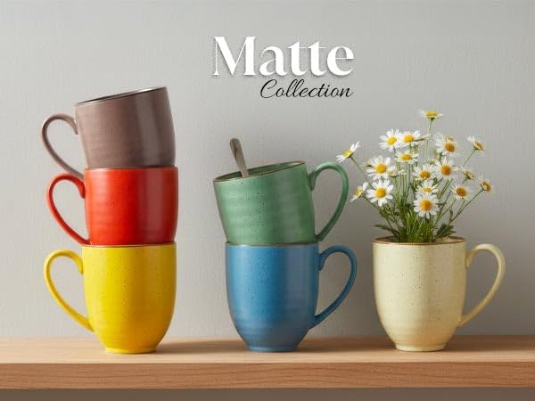 Coffee Mugs Set Of 6, 14 Oz Large Handle Heavy Duty Cups - Microwave Dishwasher Safe - Latte, Cappuccino, Tea, Cocoa, Mocha - Men, Women, Home Office Daily Use, Matt Assorted Colors